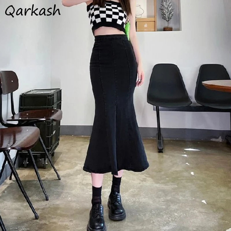 Denim Skirt Midi Vintage - Trompete midi saias femininas elegantes babados