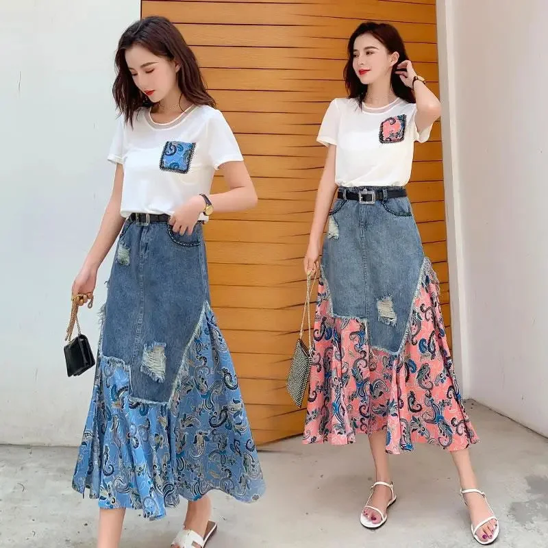 Denim Skirt Midi Vintage - Verão cintura alta saias longas mulher
