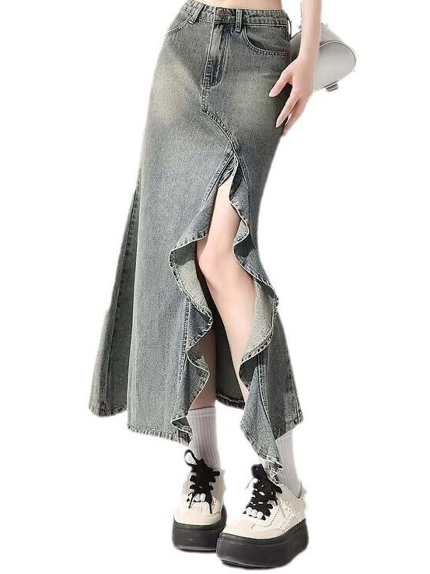 Denim Skirt Midi Vintage - Saia Maxi Vintage em Denim Lavado