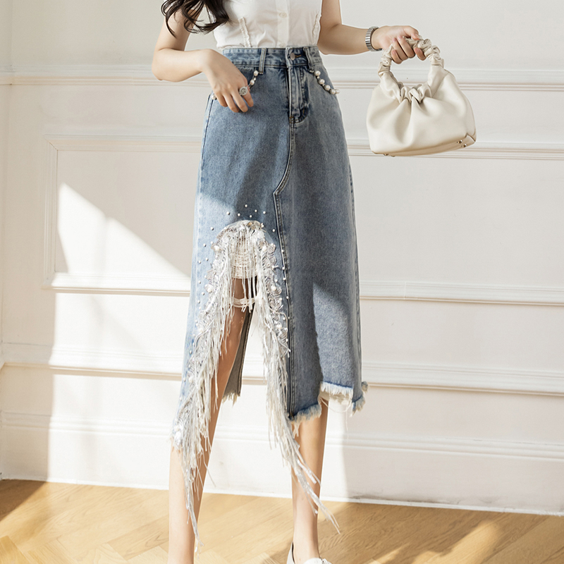 Denim Skirt Midi Vintage - Vintage S-5XL split pérola frisado denim