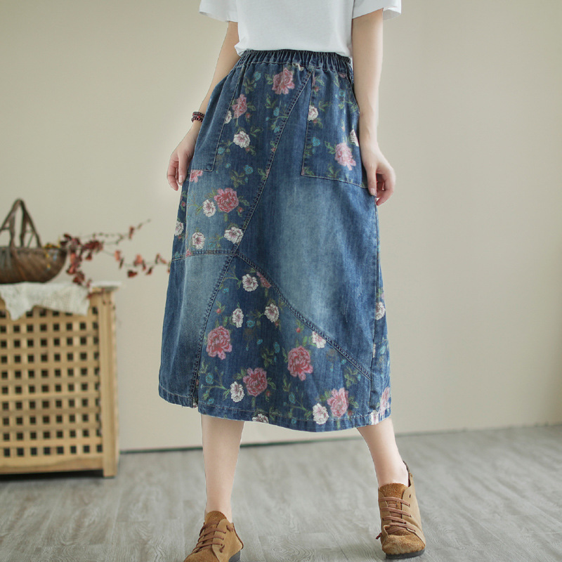 Denim Skirt Midi Vintage - Japonês vintage mori menina flor impressão