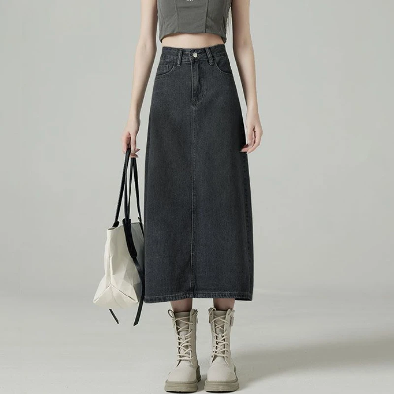 Denim Skirt Midi Vintage - Saias jeans femininas midi back-slit vintage