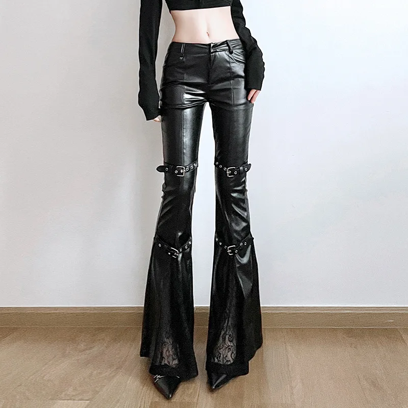 Vintage Fashion Aesthetic - Calça feminina de couro PU, fivela