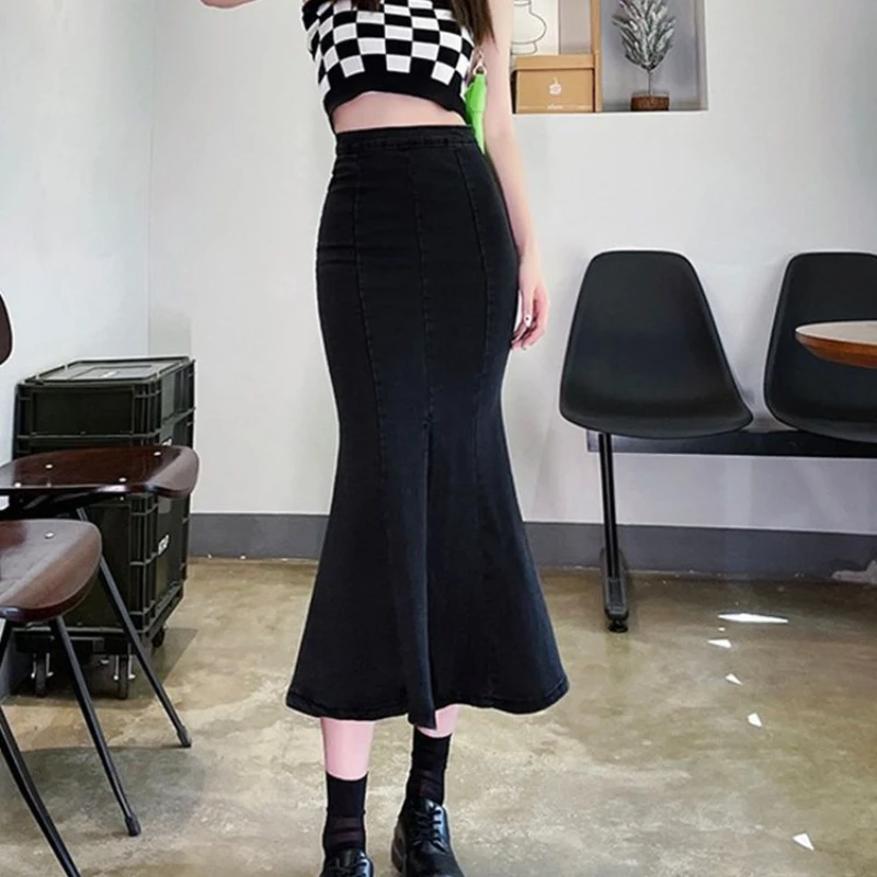 Trompete midi saias femininas  - Denim Skirt Midi Vintage avaliação e preço