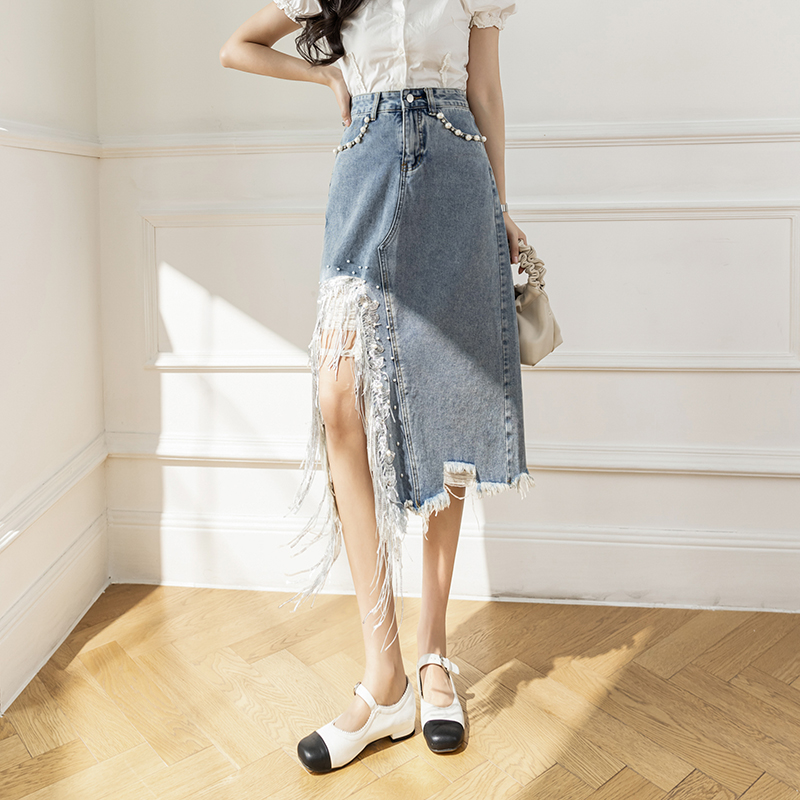 Vintage S-5XL split pérola fri - Denim Skirt Midi Vintage avaliação e preço