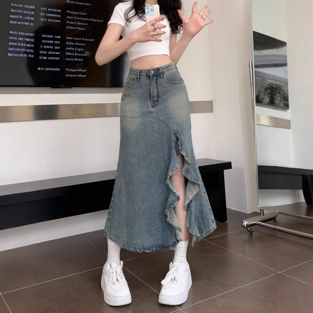 Saia Midi Feminina Coreana de  - Denim Skirt Midi Vintage avaliação e preço