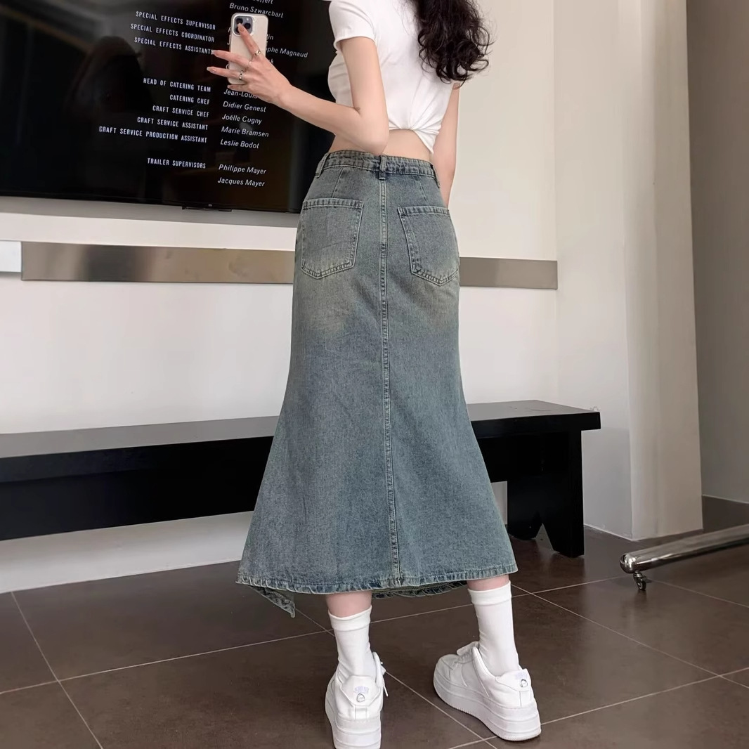 Saia Midi Feminina Coreana de  - Denim Skirt Midi Vintage avaliação e preço
